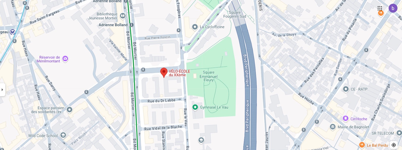 Plan de localisation de la vélo-école du 20ème